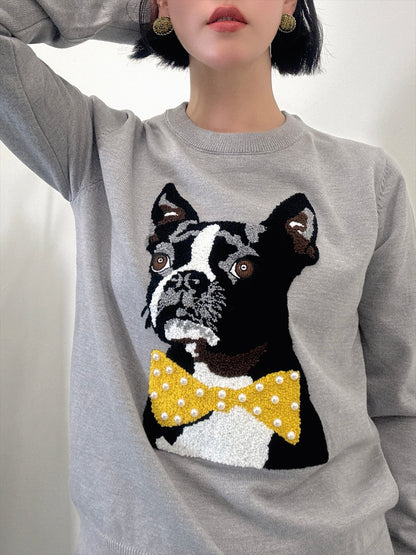 french bulldog bow tie embroidered knit