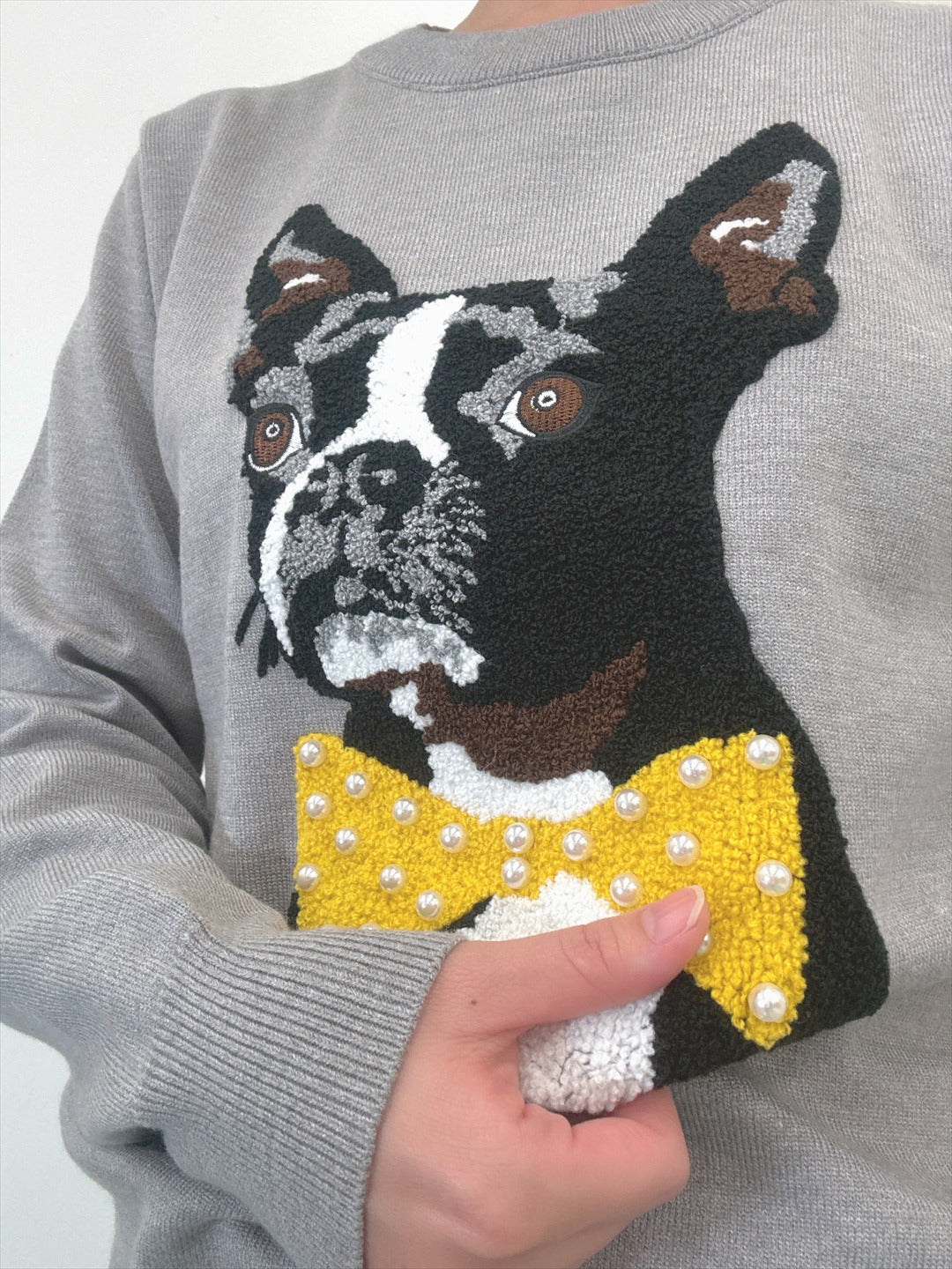 french bulldog bow tie embroidered knit