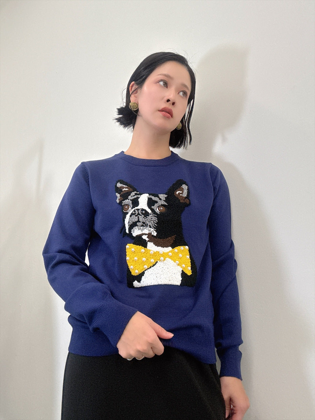 french bulldog bow tie embroidered knit