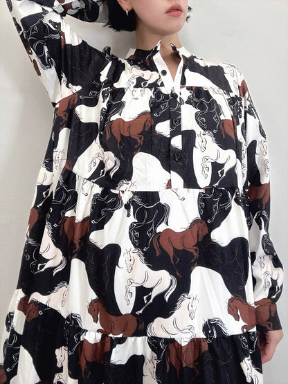 horse pattern brown color tered one piece