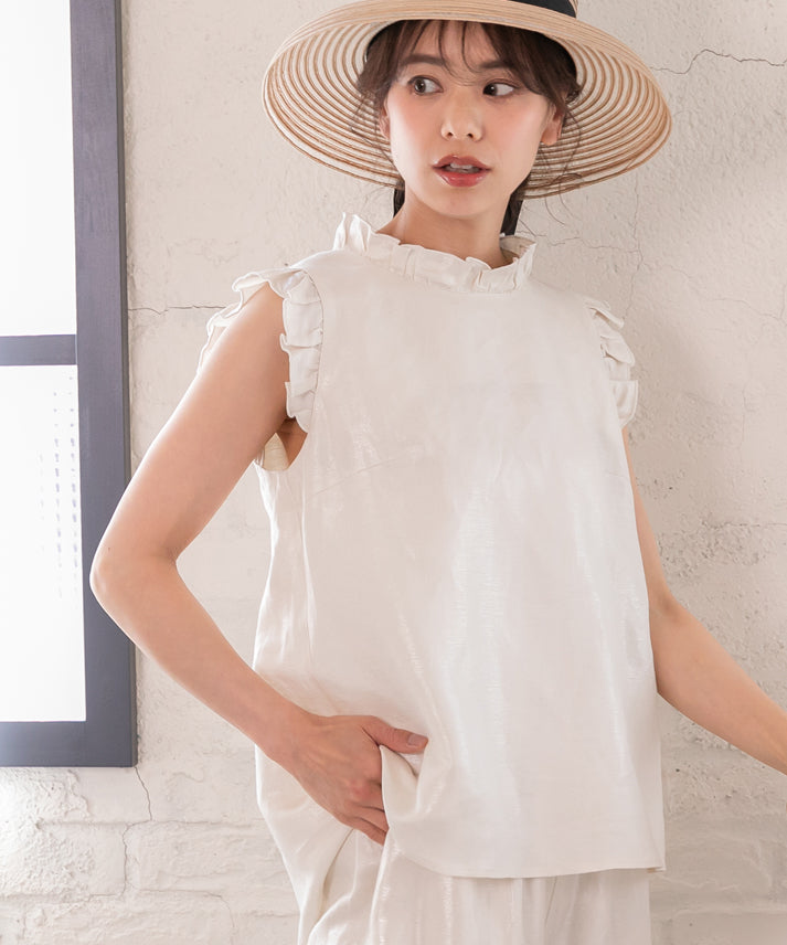 foil linen blend frills no sleeve blouse