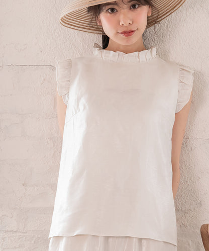 foil linen blend frills no sleeve blouse