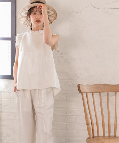 foil linen blend frills no sleeve blouse