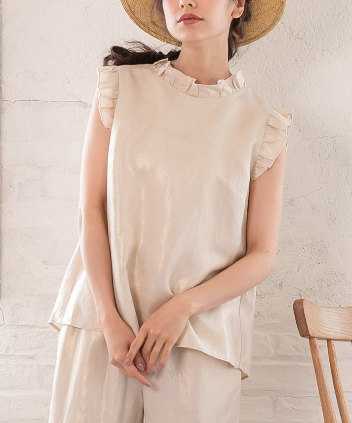 foil linen blend frills no sleeve blouse