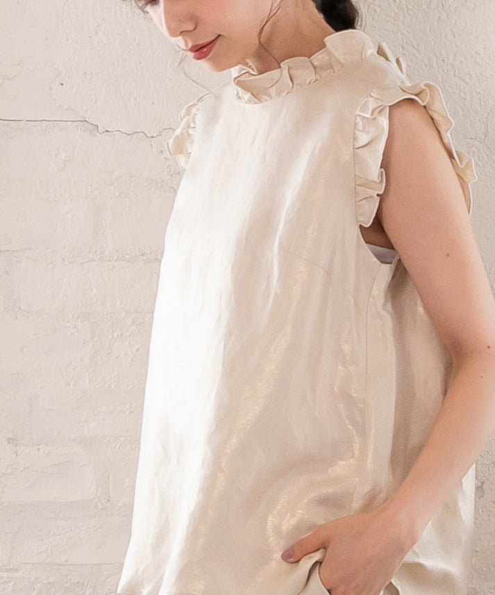 foil linen blend frills no sleeve blouse