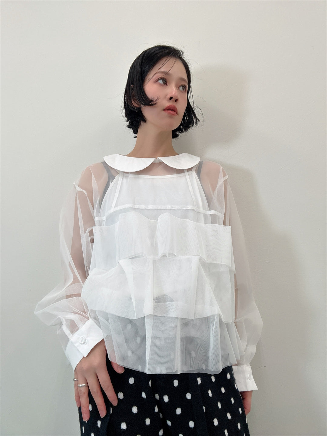 frills tulle long sleeve blouse