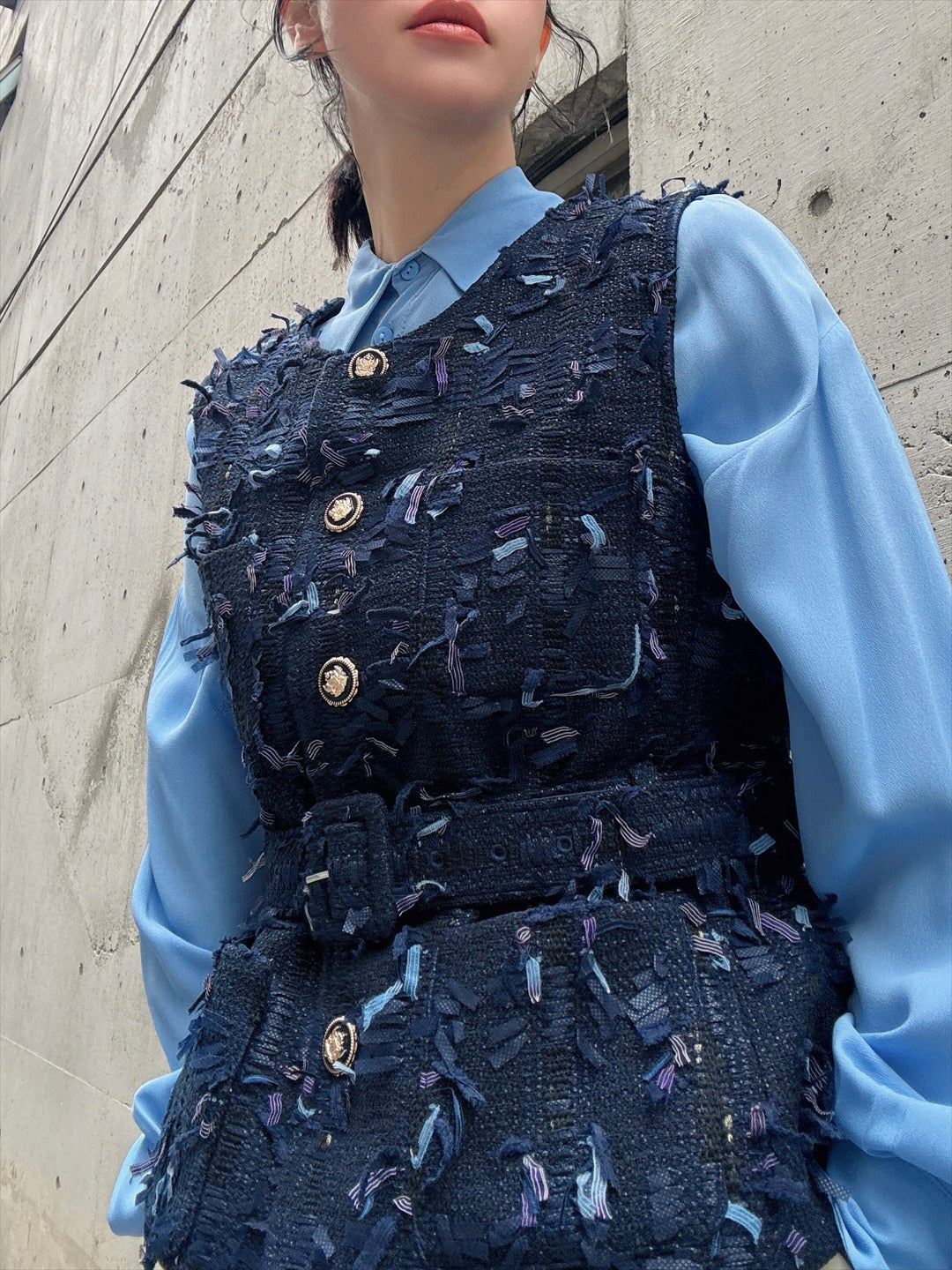 mixed fringe tweed vest