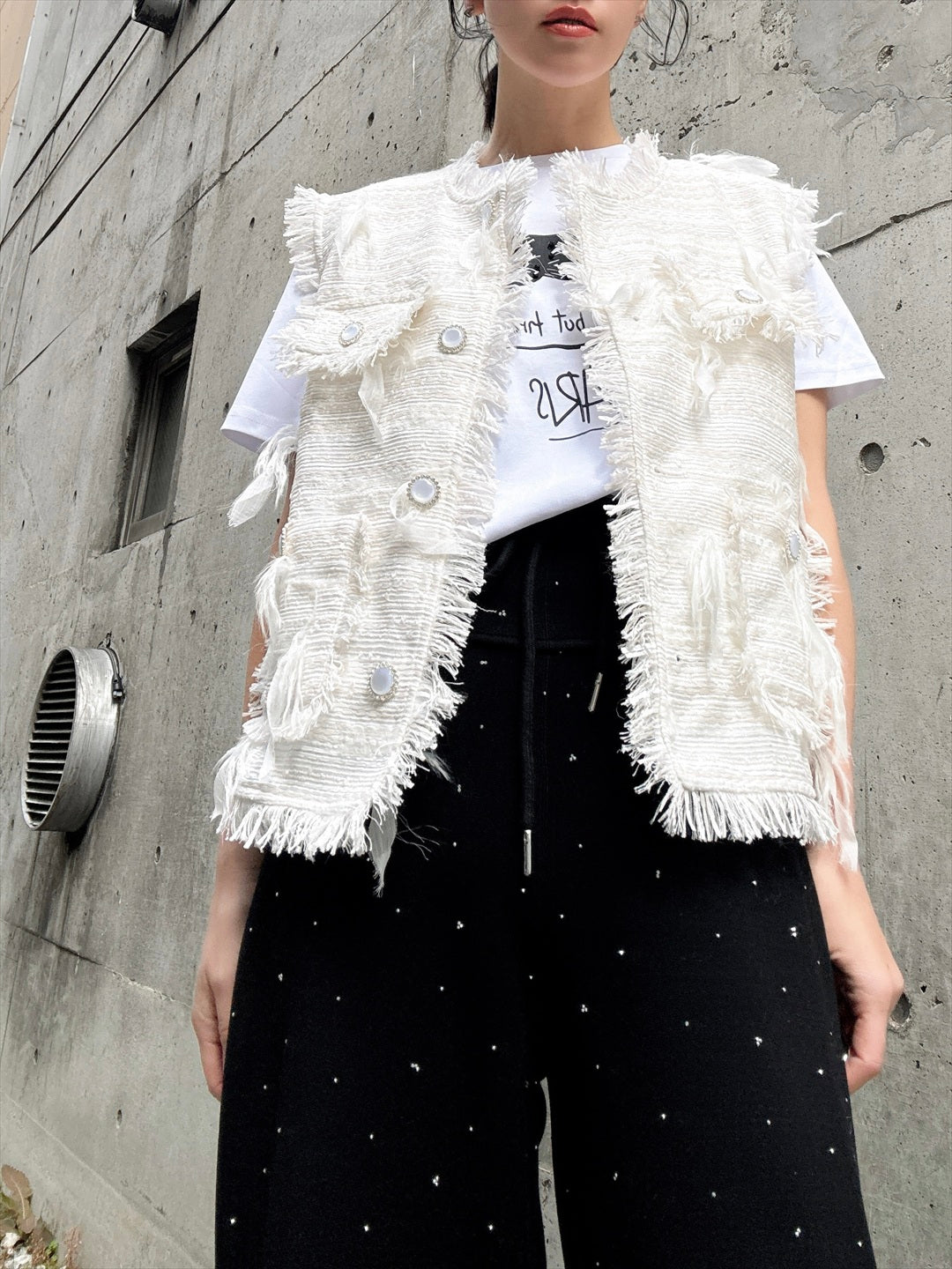 feather tweed vest