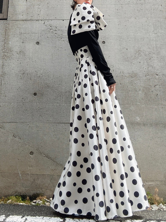 shoulder ribbon one-shoulder tops & polka dot pattern flare skirt setup