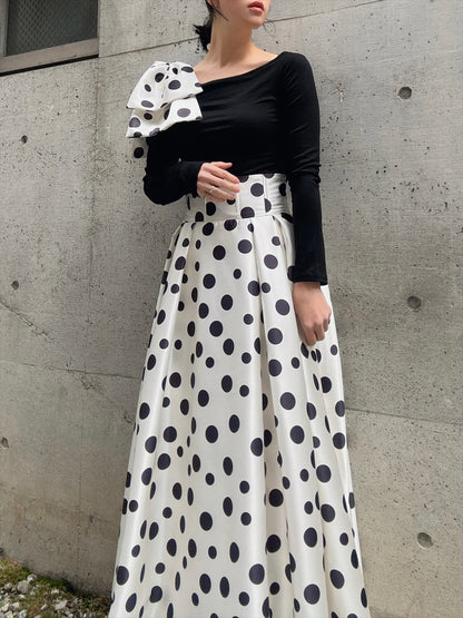 shoulder ribbon one-shoulder tops & polka dot pattern flare skirt setup