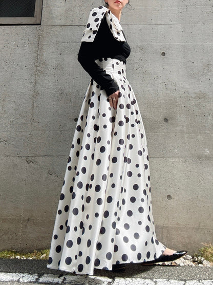 shoulder ribbon one-shoulder tops & polka dot pattern flare skirt setup
