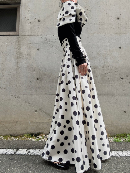 shoulder ribbon one-shoulder tops & polka dot pattern flare skirt setup