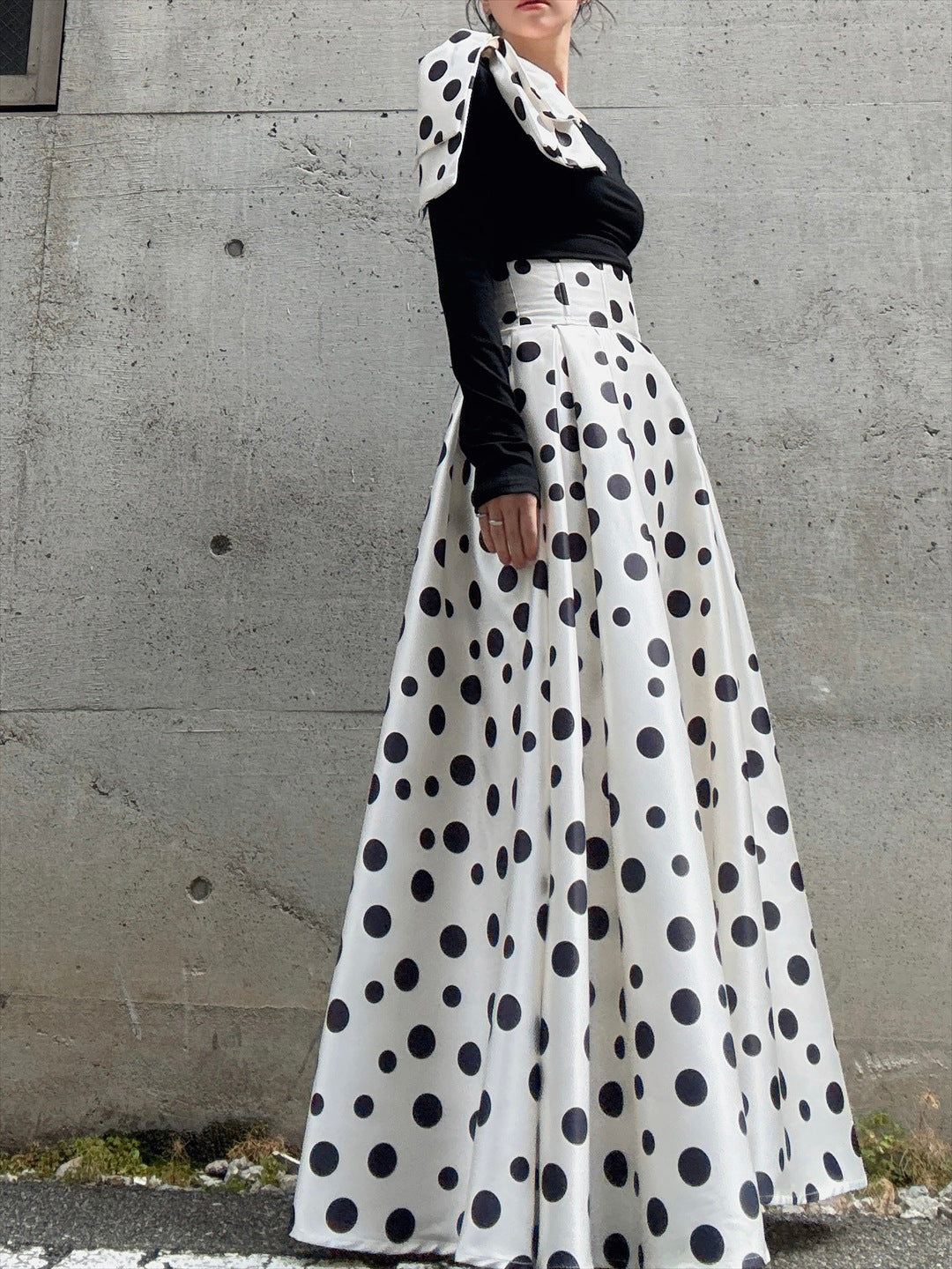 shoulder ribbon one-shoulder tops & polka dot pattern flare skirt setup