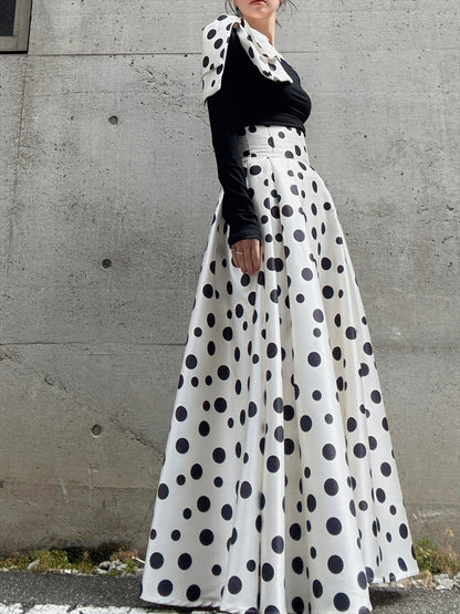shoulder ribbon one-shoulder tops & polka dot pattern flare skirt setup