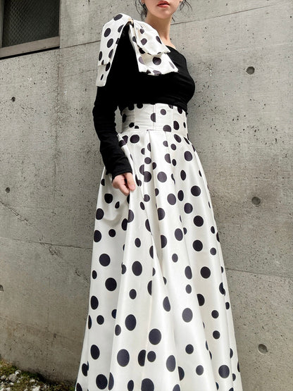 shoulder ribbon one-shoulder tops & polka dot pattern flare skirt setup