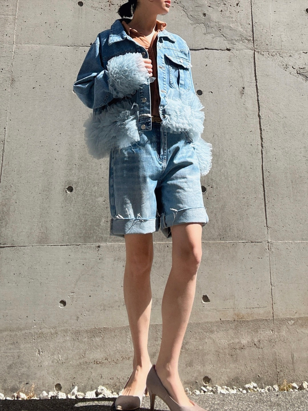hem tulle denim jacket