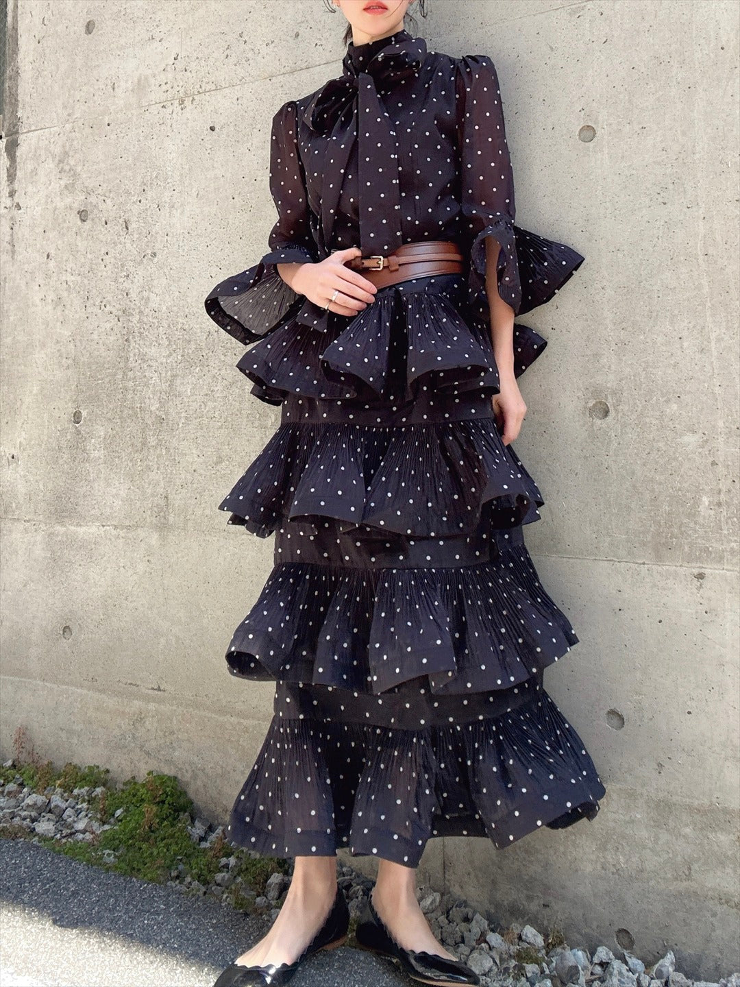 dot pattern frills pleats one piece