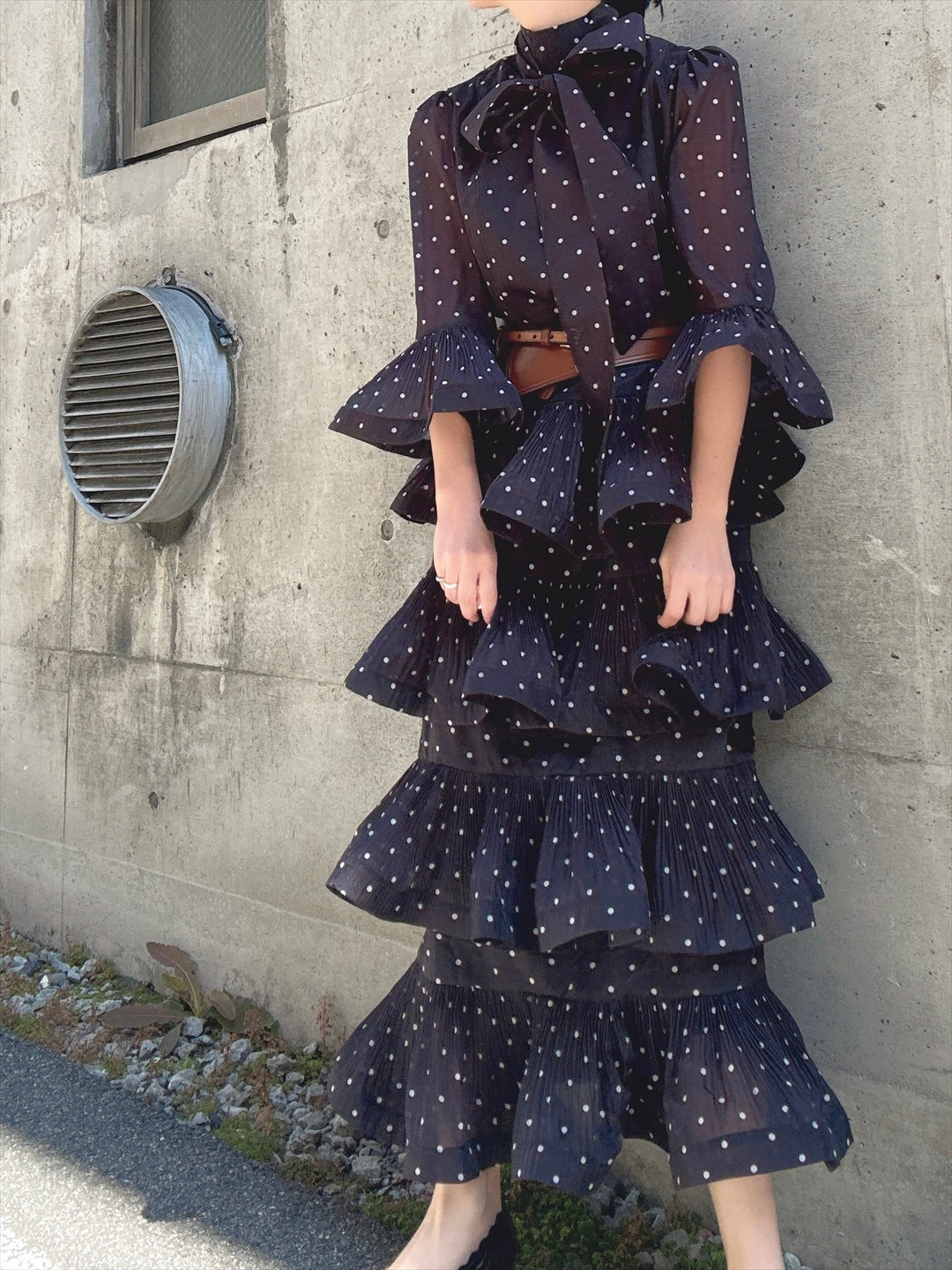 dot pattern frills pleats one piece