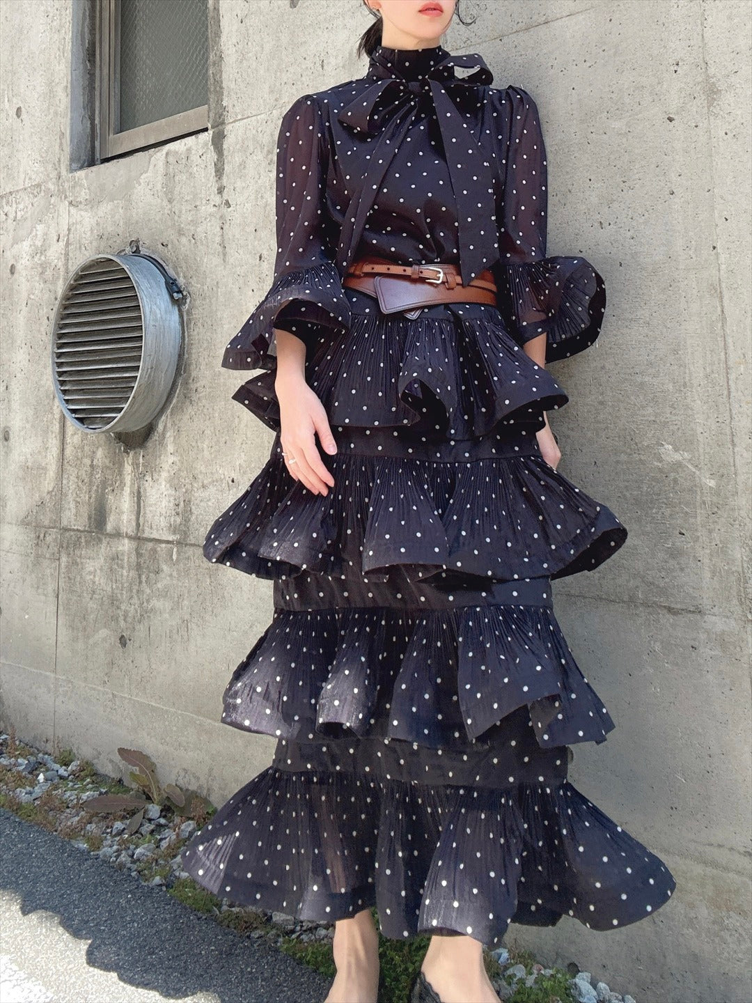 dot pattern frills pleats one piece