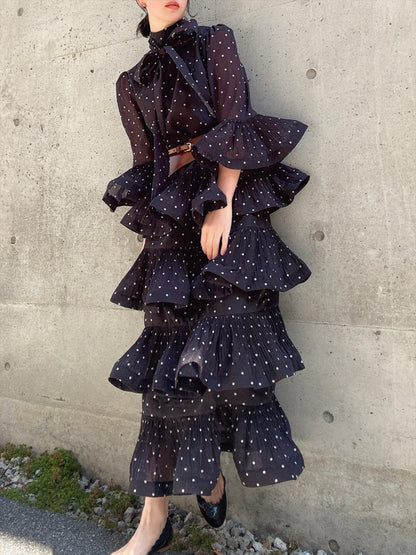 dot pattern frills pleats one piece