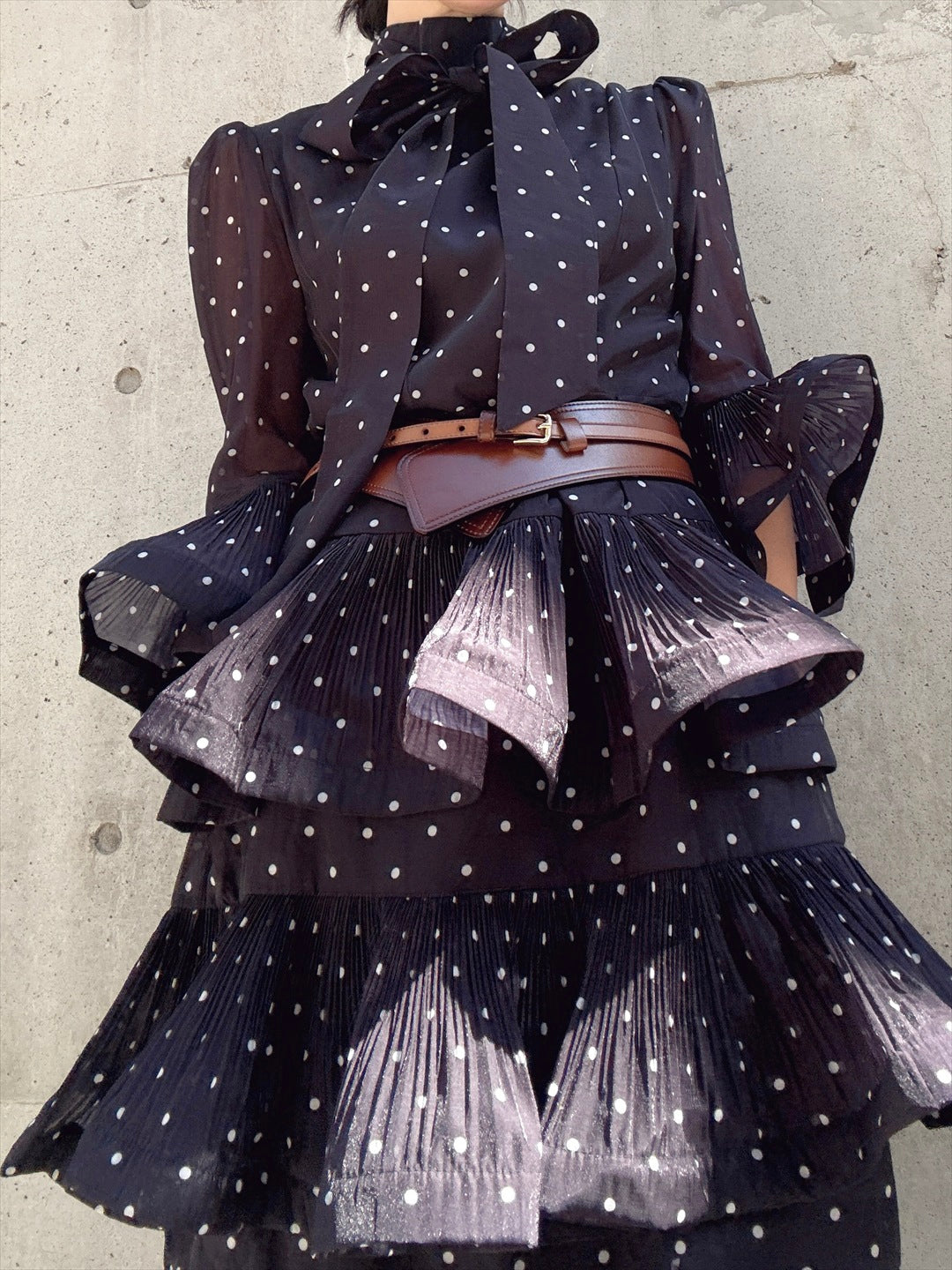 dot pattern frills pleats one piece