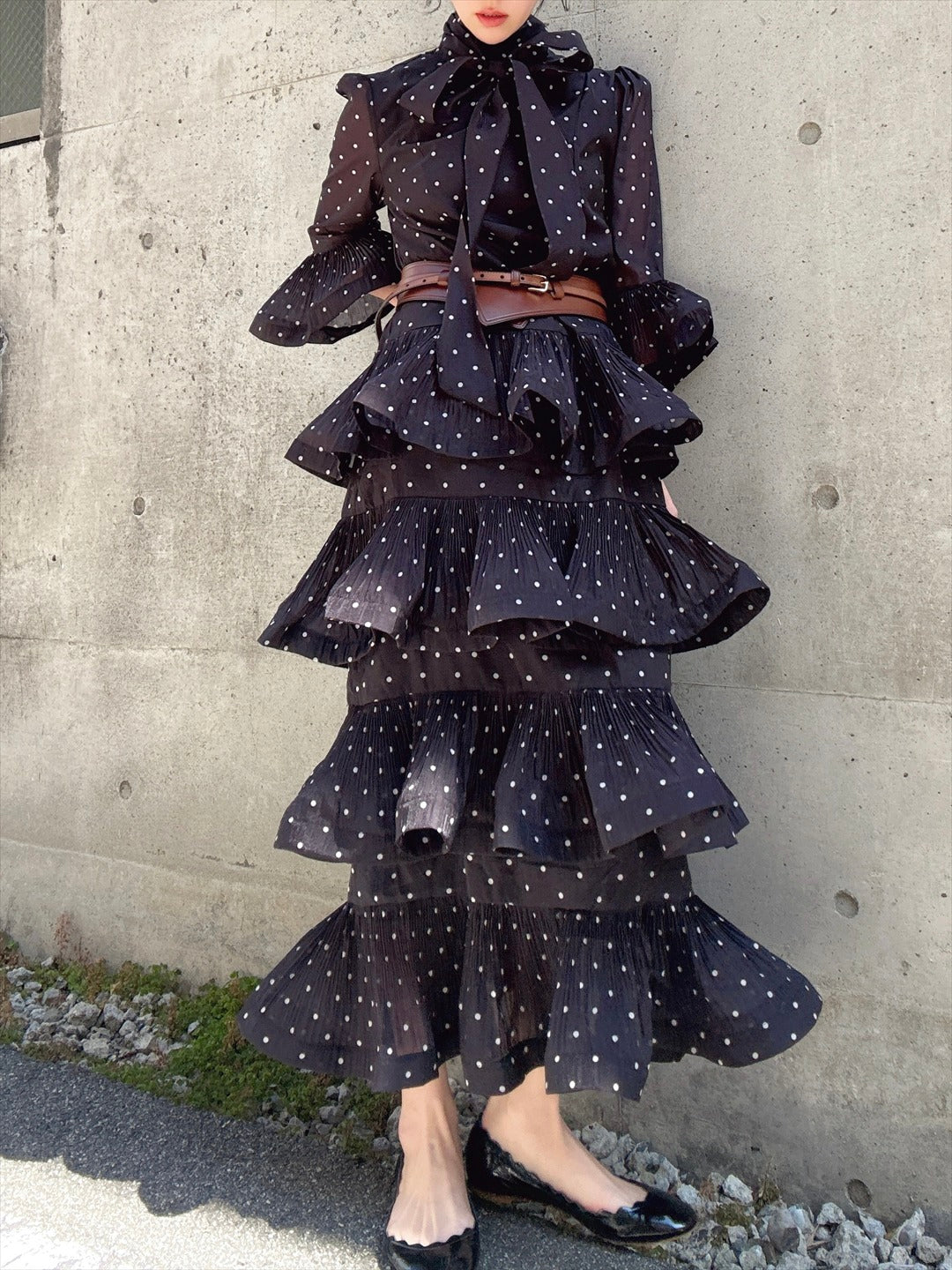 dot pattern frills pleats one piece