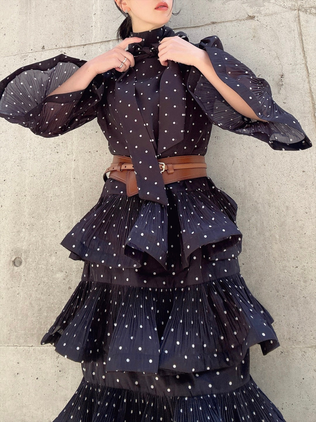 dot pattern frills pleats one piece