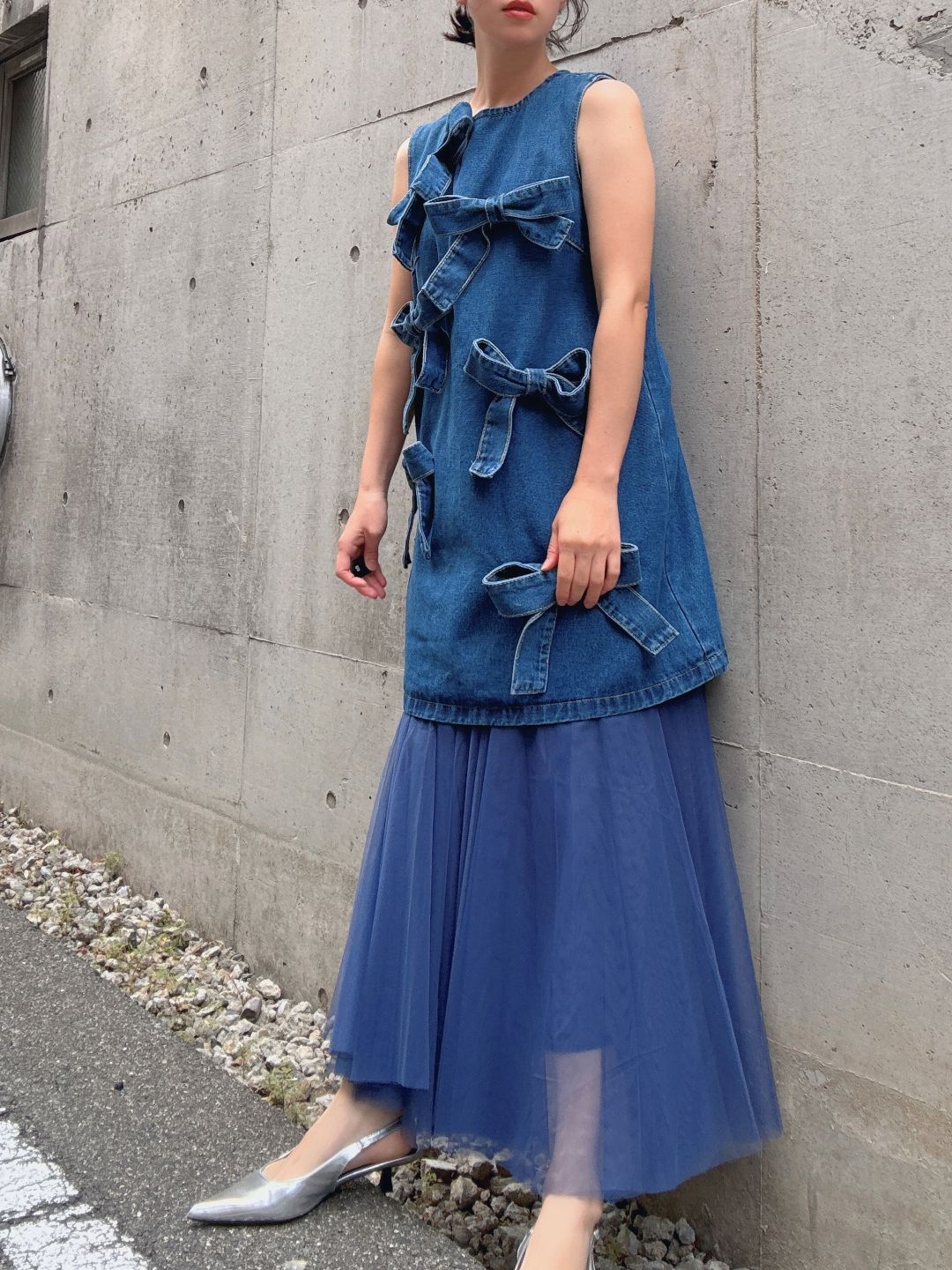 ribbon denim one-piece