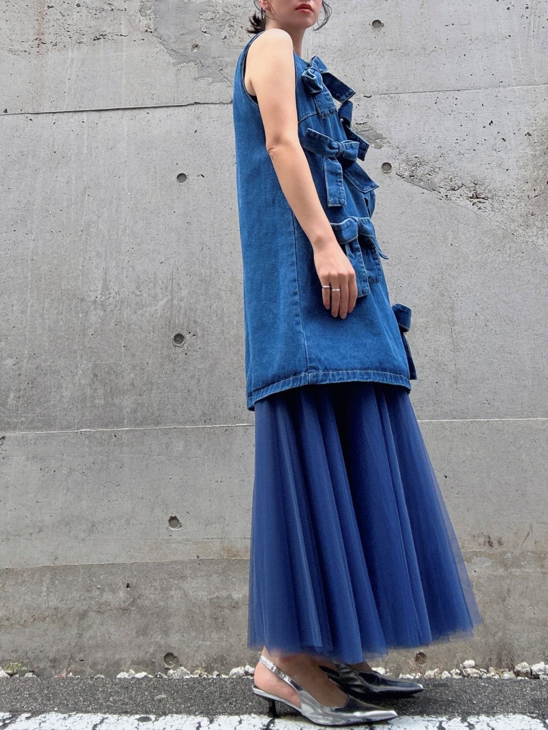 ribbon denim one-piece