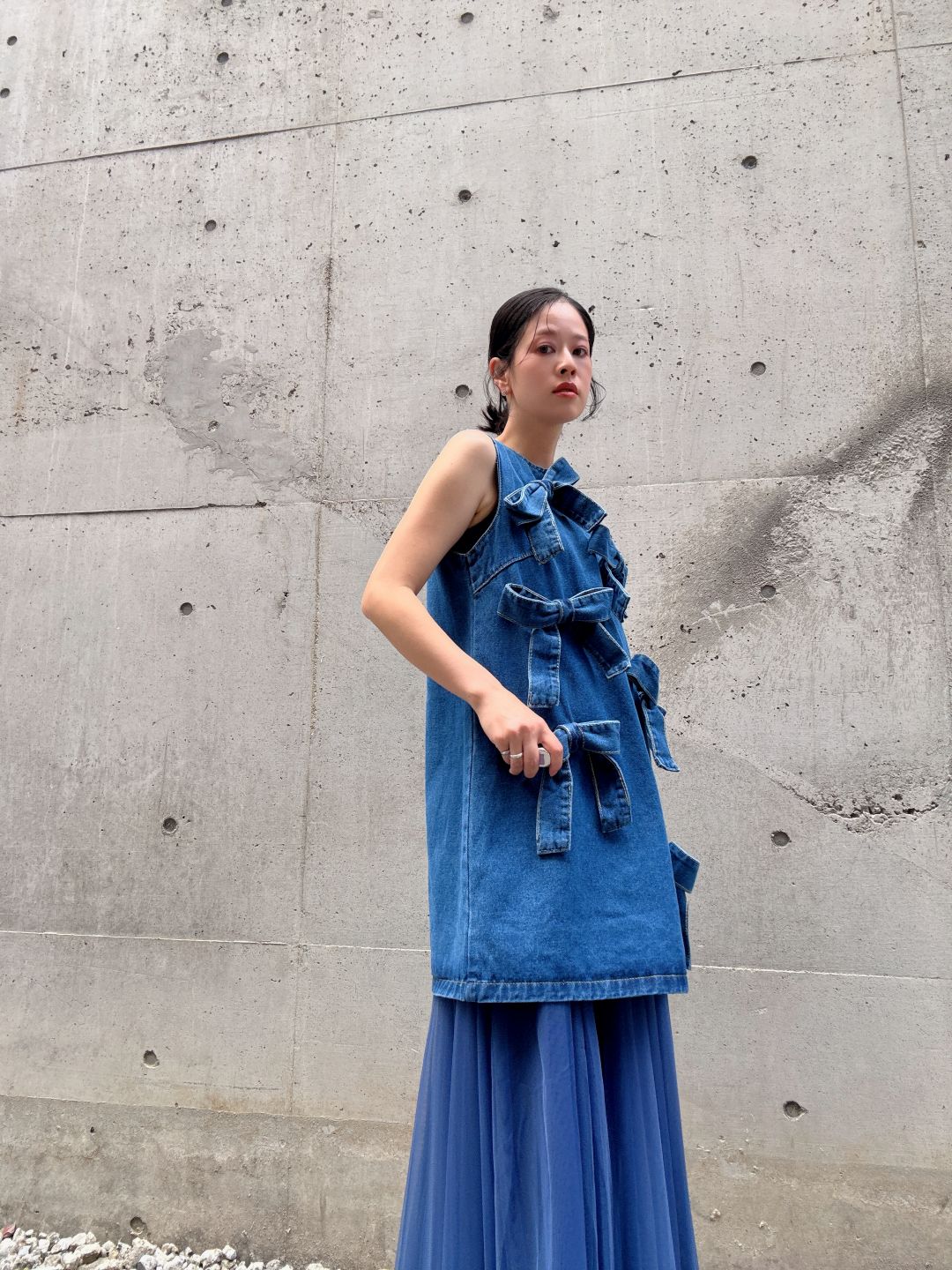 ribbon denim one-piece