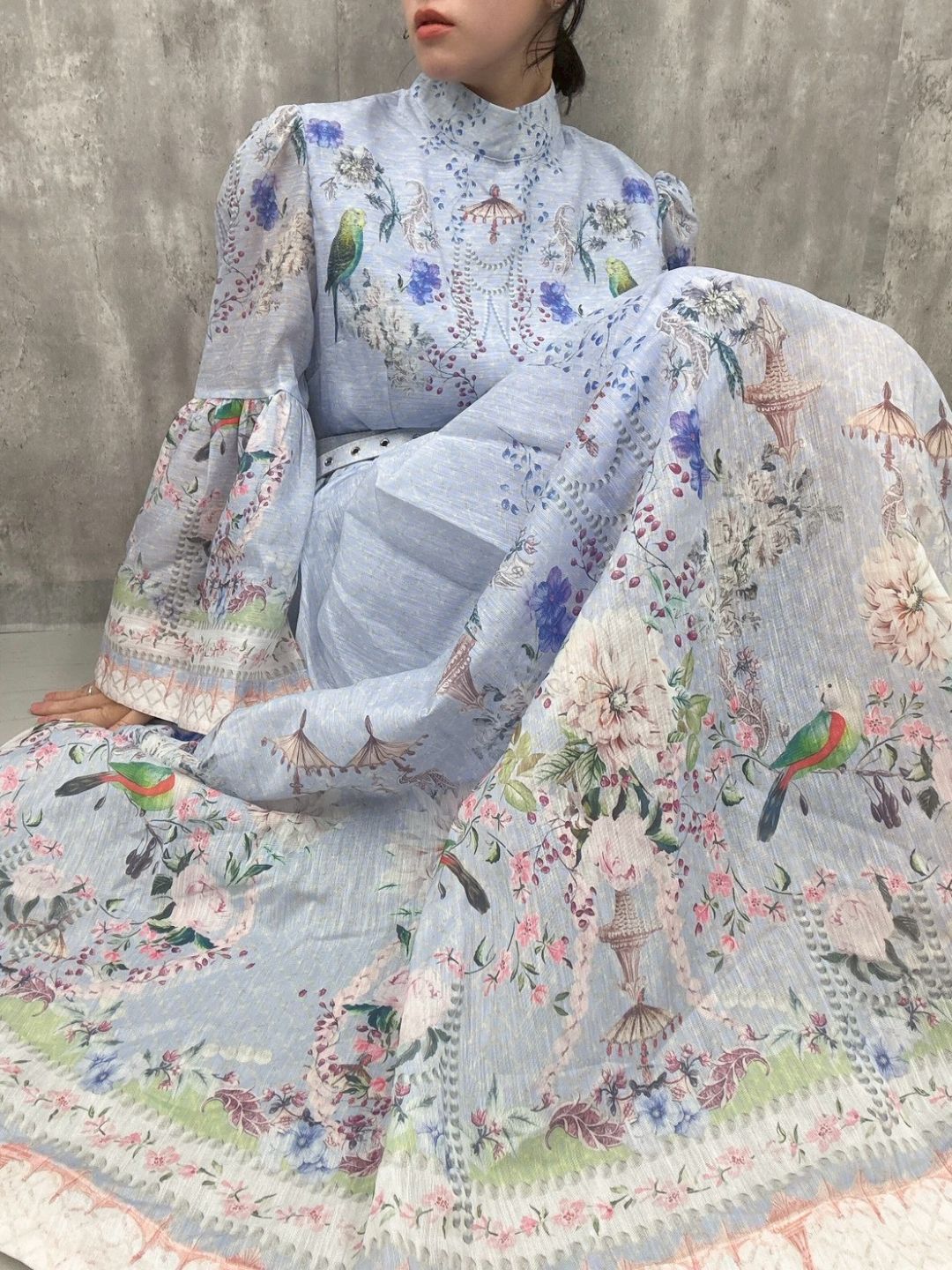 classical　bird　flower　one-piece