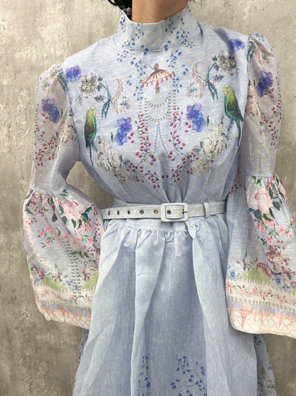 classical　bird　flower　one-piece