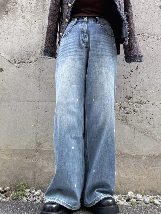 Heart Embroidered Wide Jeans