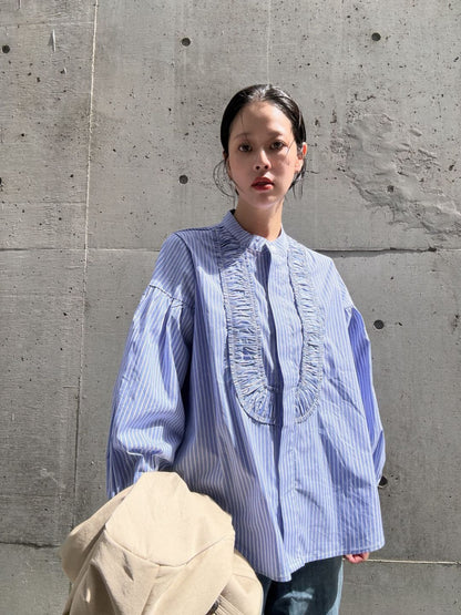 blue stripe frill front blouse