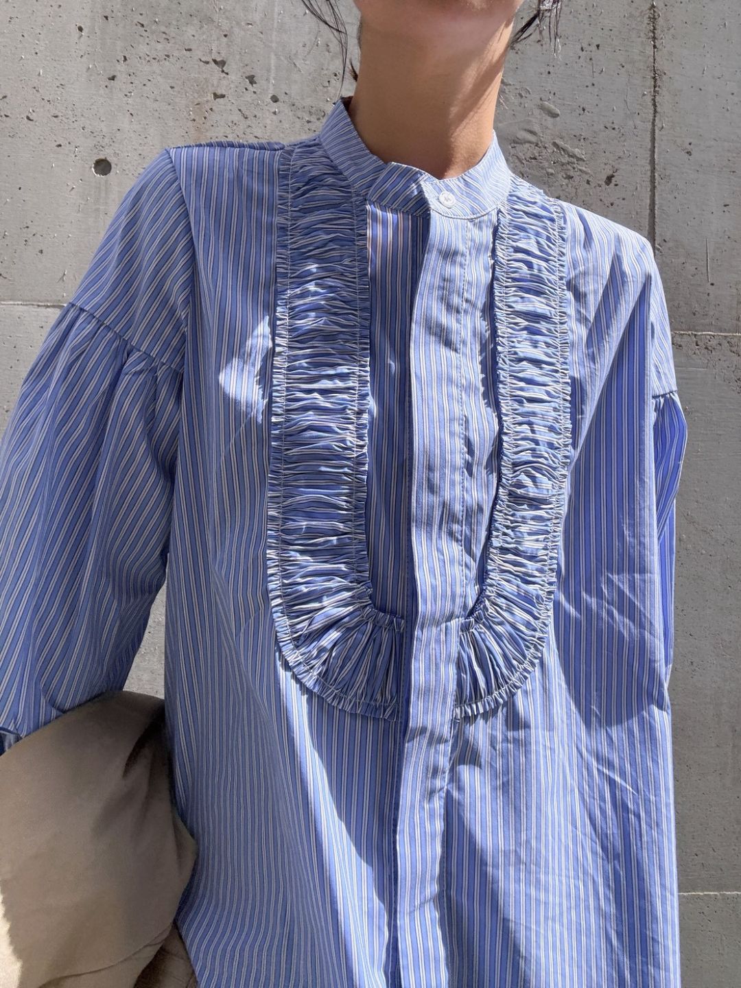 blue stripe frill front blouse