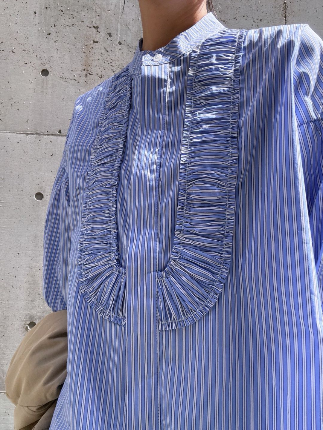 blue stripe frill front blouse
