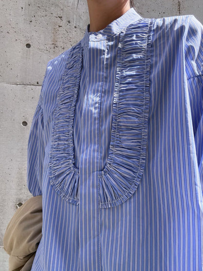 blue stripe frill front blouse