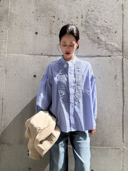 blue stripe frill front blouse