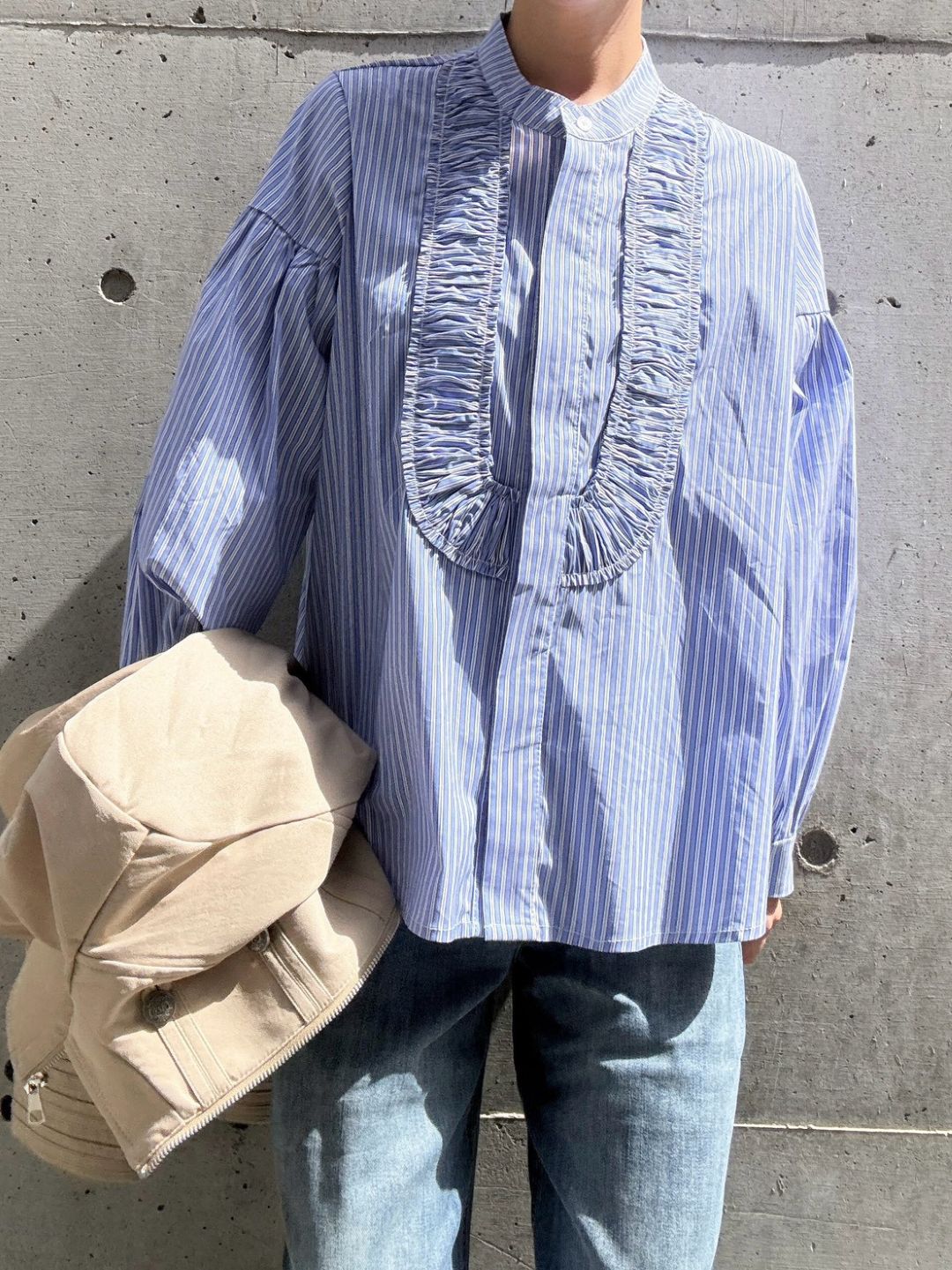 blue stripe frill front blouse