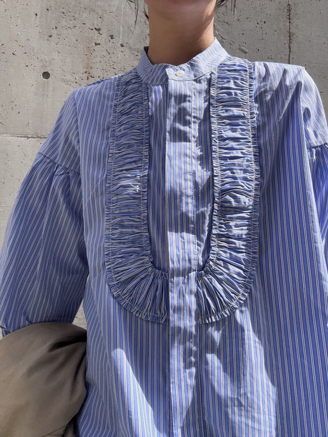 blue stripe frill front blouse