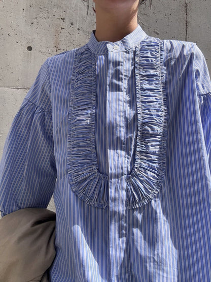blue stripe frill front blouse
