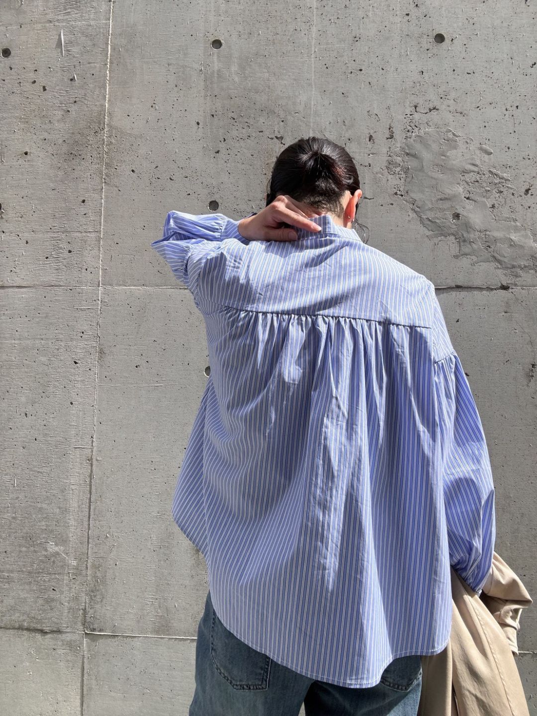 blue stripe frill front blouse