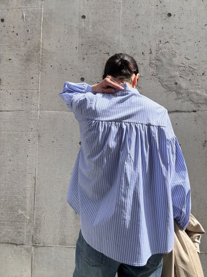 blue stripe frill front blouse
