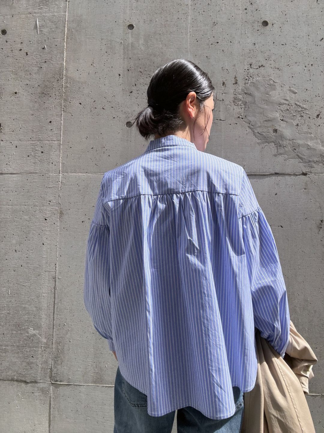 blue stripe frill front blouse