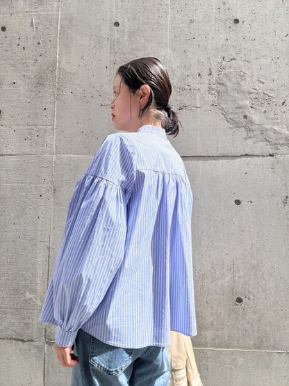 blue stripe frill front blouse
