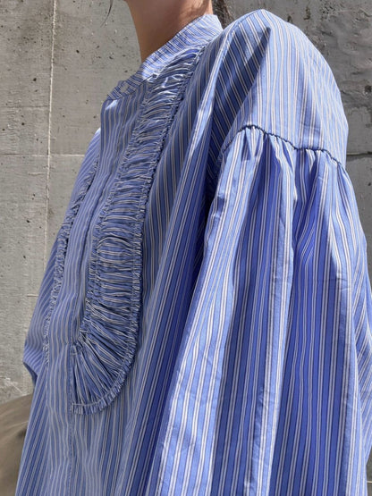 blue stripe frill front blouse