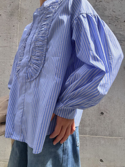 blue stripe frill front blouse