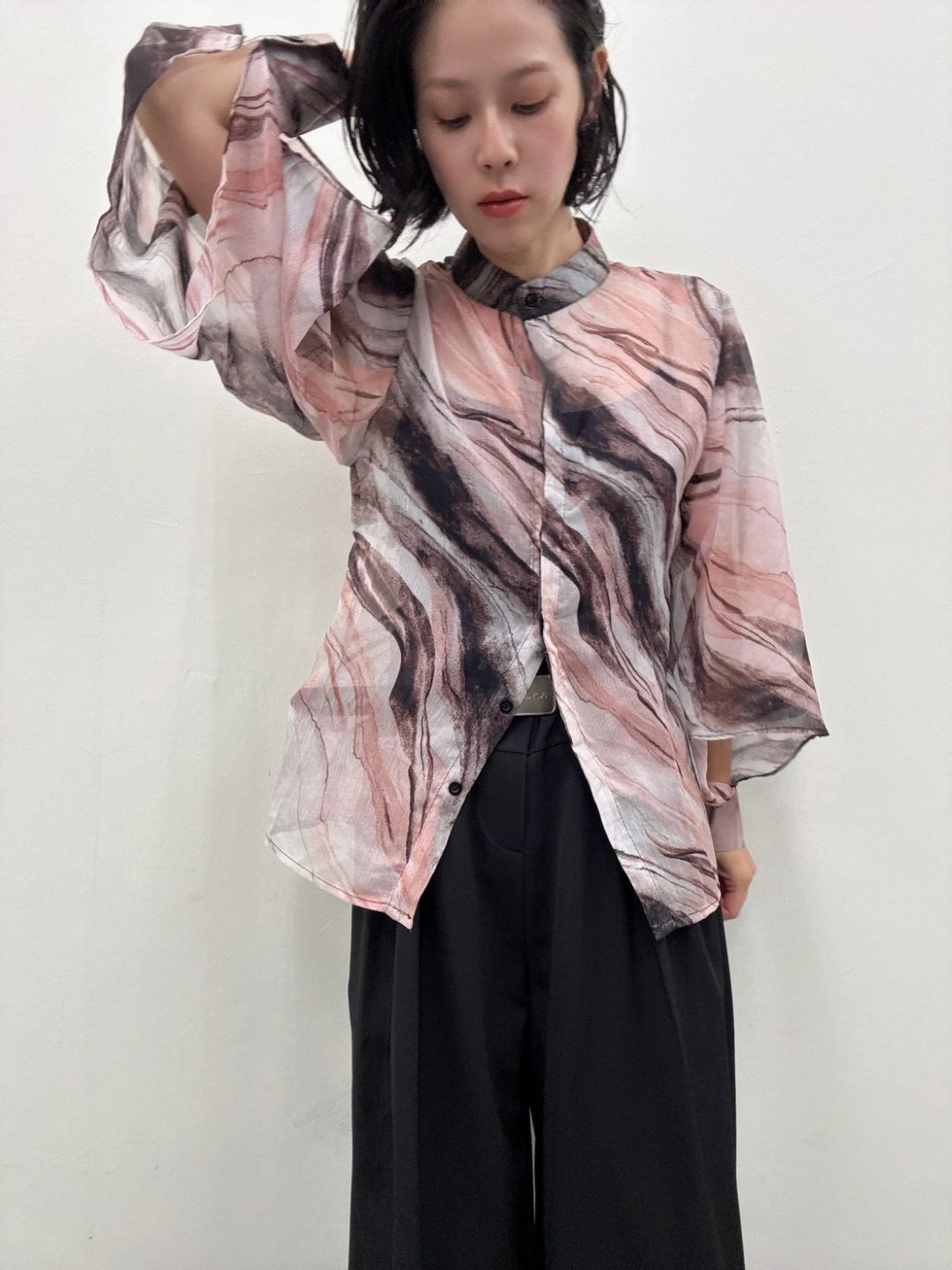 art print sheer shirt