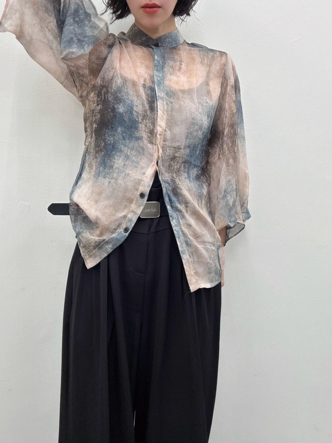 art print sheer shirt