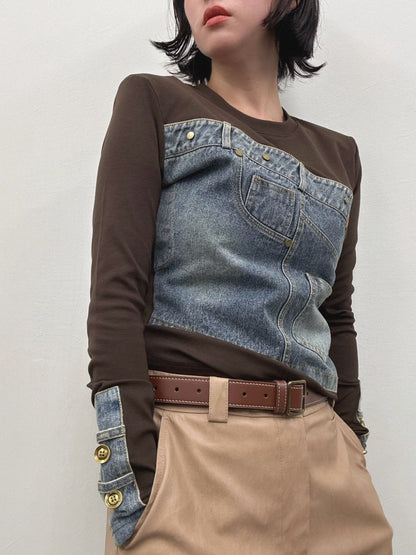 Denim panel long sleeve top